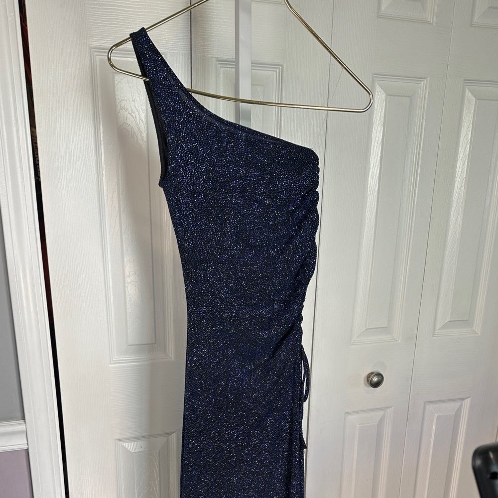 Vint Charlotte Russe Glitter Blue Dress One Shoulder Side Rouging With Tie  (S)